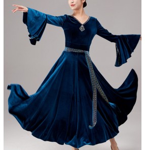 Blue Red coffee velvet Smooth Ballroom Dance Dresses Long Sleeves Waltz tango foxtrot Rhythm Dance long Swing Skirt with sashes for female